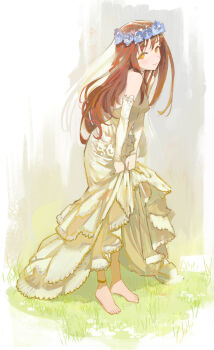 1girl barefoot breasts closed_mouth clothes_lift commentary_request covered_erect_nipples dress dress_lift flower_wreath full_body head_wreath highres long_dress long_hair looking_at_viewer medium_breasts on_grass original red_hair smile solo standing wedding_dress white_dress yellow_eyes yugen99