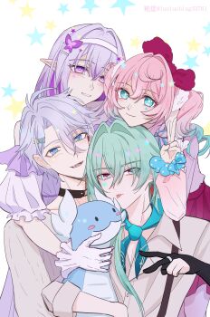 Rule 34 | 2boys, 2girls, :d, :p, absurdres, alternate costume, anaxa (honkai: star rail), anaxa (whatsamatta) (honkai: star rail), archery shooting glove, artist name, blue eyes, bow, bug, butterfly, butterfly hair ornament, castorice (honkai: star rail), castorice (the flower remembers) (honkai: star rail), closed mouth, commentary, dress, english commentary, frilled gloves, frills, gloves, green eyes, green hair, hair between eyes, hair ornament, highres, honkai: star rail, honkai (series), hyacine (honkai: star rail), insect, long hair, long sleeves, looking at viewer, luoluobing33761, multicolored eyes, multicolored hair, multiple boys, multiple girls, official alternate costume, open mouth, partially fingerless gloves, phainon (honkai: star rail), pointy ears, purple butterfly, purple dress, purple eyes, purple hair, red bow, short hair, short sleeves, smile, star (symbol), star hair ornament, teeth, tongue, tongue out, twintails, v, white gloves, white hair