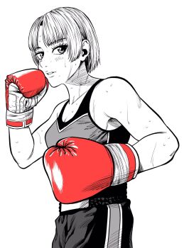 Rule 34 | 1girl, boxing, boxing gloves, boxing shorts, commentary request, fighting stance, gloves, greyscale, highres, lee (dragon garou), lips, monochrome, original, parted lips, red gloves, short hair, shorts, smile, solo, sports bra, spot color, sweat, upper body, very sweaty