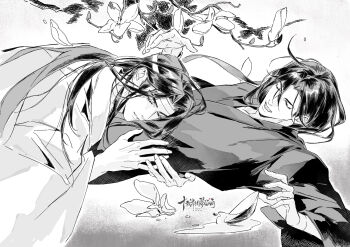 2boys absurdres ahoge alcohol bird bishounen black_hanfu branch chinese_clothes closed_eyes commission couple cup falling_petals flower greyscale hair_down hair_ribbon half_updo han_he hands_on_another&#039;s_waist hanfu headband highres hug lan_wangji long_hair long_sleeves lotus lying lying_on_person male_focus modao_zushi monochrome multiple_boys official_alternate_hairstyle on_back open_mouth parted_lips petals ribbon robe sakazuki second-party_source smile upper_body watermark wei_wuxian wei_wuxian_(yiling_laozu) white_hanfu wide_sleeves yaoi