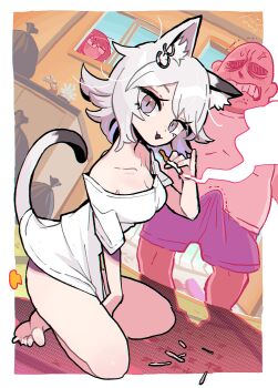 1boy 2girls :3 angry animal_ear_fluff animal_ear_piercing animal_ears apartment bald barefoot blue_sky border bottomless breasts bulge cat_ears cat_girl cat_tail cigarette cigarette_butt cleavage clenched_teeth day dutch_angle erection erection_under_clothes flipped_hair gashi-gashi glasses grey_eyes grey_hair grimace head_tilt highres holding holding_cigarette indoors large_breasts looking_at_another looking_at_viewer multiple_girls no_mouth ochinpo_tatsurou off_shoulder on_floor ooya_(yani_neko) open_door open_mouth open_window outside_border pinky_out purple_shorts shaded_face shirt shorts silk sink sitting sky smile smoke smoke_trail smoking spider_web standing t-shirt tail teeth trash_bag trembling veins white_border white_shirt window yani_neko yani_neko_(yani_neko)