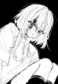 1girl absurdres black_background blood blood_on_face greyscale hair_between_eyes hanataro_(sruvhqkehy1zied) highres leg_warmers medium_hair monochrome open_mouth original shirt short_hair sidelocks simple_background sitting smile solo sweat thighs wide_sleeves