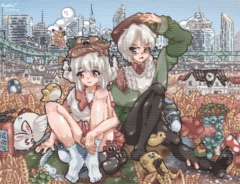 2girls 4mper5and animal animal_on_head baby_animal beret bird black_pantyhose braid breasts brown_eyes brown_hat brown_shirt building chick chicken city cityscape clock cloud collarbone crab grass green_jacket grey_hair hat house indie_virtual_youtuber jacket long_hair long_sleeves medium_breasts monorail multiple_girls mushroom octopus on_head open_clothes open_jacket pantyhose pink_skirt rabbit school_uniform shirt short_sleeves side_braid sitting skirt sky skyscraper socks striped_clothes striped_shirt sweater_vest train twin_braids virtual_youtuber warma wheat_field white_shirt white_socks white_sweater_vest