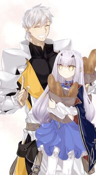 1boy 1girl armor bag baguette black_shirt blue_cape blue_dress bread breasts cape closed_eyes commentary_request dress fate/grand_order fate_(series) food forked_eyebrows gauntlets highres long_hair long_sleeves melusine_(fate) melusine_(second_ascension)_(fate) paper_bag pauldrons percival_(fate) shirt short_hair shoulder_armor sidelocks small_breasts smile thighhighs white_hair white_thighhighs yellow_eyes yubeshi_(zecxl)
