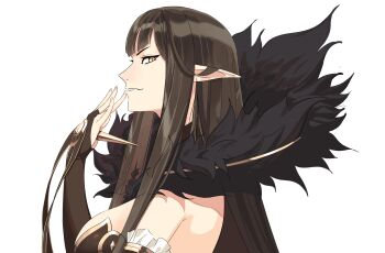 1girl absurdres bare_shoulders black_collar bridal_gauntlets brown_eyes brown_hair brown_ribbon collar commentary detached_sleeves english_commentary fate/grand_order fate_(series) frilled_sleeves frills from_side fudayasa fur_collar hand_up highres long_sidelocks looking_at_viewer parted_lips pointy_ears profile ribbon semiramis_(fate) sidelocks sideways_glance simple_background slit_pupils solo spikes upper_body white_background