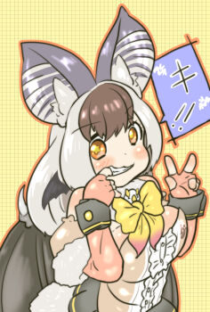 1girl animal_ears bat_ears bat_girl bat_wings breasts brown_hair brown_long-eared_bat_(kemono_friends) elbow_gloves extra_ears fingerless_gloves fuuryuu_(kazamaryusuke) gloves grey_hair kemono_friends kemono_friends_v_project large_breasts leotard long_hair looking_at_viewer microphone simple_background skirt solo teeth upper_body v virtual_youtuber wings yellow_background yellow_eyes