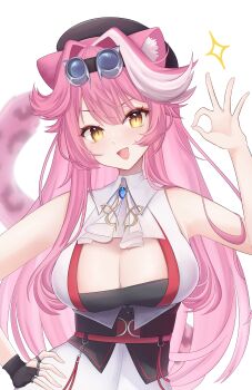Rule 34 | 1girl, absurdres, animal ear fluff, animal ears, beret, black gloves, black hat, black tube top, breasts, cat ears, cat girl, cat tail, cleavage, cleavage cutout, clothing cutout, fingerless gloves, gloves, goggles, goggles on head, hand on own hip, hat, highres, hololive, hololive english, large breasts, long hair, looking at viewer, matoi miia, multicolored hair, open mouth, pink hair, raora panthera, raora panthera (1st costume), single glove, smile, solo, strapless, streaked hair, tail, tube top, very long hair, vest, virtual youtuber, white background, white streaks, white vest, yellow eyes