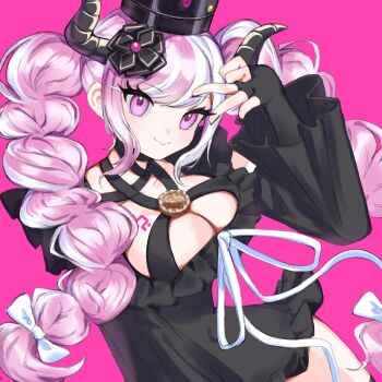 1girl black_dress black_horns braid breasts cleavage crown dress fingerless_gloves gloves hair_ornament highres horns kozuya_(ro0xgo) long_hair long_sleeves looking_at_viewer master_detective_archives:_rain_code multicolored_hair pink_background pink_hair purple_eyes shinigami_(rain_code) smile twin_braids