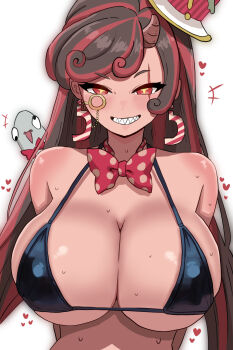 1girl black_hair bow bowtie breasts commentary_request grin hat highres korean_commentary large_breasts long_hair looking_at_viewer multicolored_hair neugneugsusu polka_dot polka_dot_bow polka_dot_bowtie red_bow red_bowtie red_eyes red_hair red_hat rollett_(trickcal) sharp_teeth simple_background smile solo sweat teeth trickcal two-tone_hair white_background