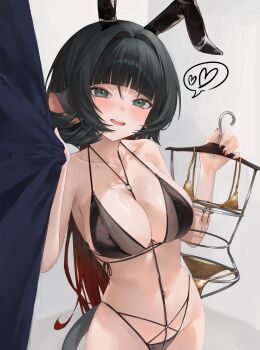 1girl absurdres animal_ear_hairband animal_ears bikini black_bikini black_hair breasts clothes_hanger commentary_request fake_animal_ears fitting_room gold_bikini green_eyes hairband heart highres holding holding_clothes_hanger jane_doe_(zenless_zone_zero) large_breasts long_hair looking_at_viewer malsuk mouse_ears mouse_girl mouse_tail multicolored_hair navel rabbit_ears solo spoken_heart stomach swimsuit swimsuit_hanger tail two-tone_hair zenless_zone_zero