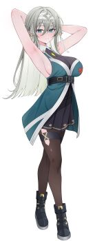 1girl absurdres armpits arms_behind_head arms_up bare_arms bare_shoulders black_boots black_dress blue_dress blue_eyes boots breasts brown_pantyhose closed_mouth collared_dress commission crossed_legs dress epic_seven full_body grey_hair hair_between_eyes headband highres large_breasts long_hair looking_at_viewer pantyhose politis_(epic_seven) rable see-through_cleavage see-through_clothes sideboob simple_background sleeveless sleeveless_dress smile solo standing thigh_strap watson_cross white_background