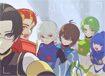 1girl 5boys absurdres armor black_hair blonde_hair blue_armor blue_eyes blue_hair copy_x_(mega_man) cyber_elf_x_(mega_man) facial_hair fairy_leviathan_(mega_man) fighting_fefnir_(mega_man) glasses green_armor green_eyes green_hair group_picture helmet hidden_phantom_(mega_man) highres long_hair mega_man_(series) mega_man_zero_(series) multicolored_hair multiple_boys no_headwear photo_(object) purple_eyes red_armor red_eyes red_helmet sage_harpuia_(mega_man) semi-rimless_eyewear short_hair shoulder_armor tanewiii two-tone_hair under-rim_eyewear upper_body x_(mega_man)