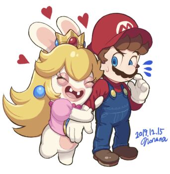 1boy 1girl :d ^_^ arm_hug artist_name blonde_hair blue_eyes blue_overalls blue_pants brown_footwear brown_hair closed_eyes closed_mouth commentary_request crown dated earrings eyelashes facial_hair frown furrowed_brow gloves hand_up hat heart highres hug jewelry long_hair long_sleeves looking_at_another looking_to_the_side mario mario_(series) mario_+_rabbids_kingdom_battle mini_crown mustache nintendo nonana_(galaxycat89p13) notice_lines open_mouth overalls pants pink_shirt puffy_short_sleeves puffy_sleeves rabbid rabbid_peach raving_rabbids red_headwear red_shirt shirt shoes short_hair short_sleeves signature simple_background smile sphere_earrings standing sweatdrop teeth white_background white_gloves