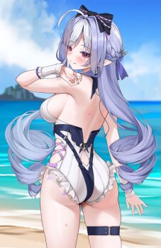 1girl ahoge alternate_costume ass bare_shoulders blush bow breasts drill_hair from_behind hair_bow highres large_breasts long_hair looking_at_viewer looking_back matrix16 multicolored_hair one-piece_swimsuit pointy_ears purple_hair red_eyes sideboob smile solo swimsuit thigh_strap two-tone_hair very_long_hair vivian_banshee white_hair zenless_zone_zero
