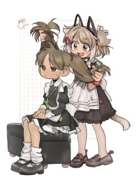 2girls ahoge animal_ear_hairband animal_ears annoyed apron artist_self-insert back_bow bag black_choker black_dress black_shoes bow bracelet brown_eyes brown_hair brown_nails brown_pantyhose brown_shoes cat_ear_hairband cat_ears cat_tail character_request choker closed_mouth commentary dot_nose dress english_commentary fake_animal_ears flat_chest frilled_dress frills full_body girutea grabbing_another's_twintails grid_background hair_bow hair_ornament hairband hairclip highres holding_another's_hair jewelry juliet_sleeves loafers long_hair long_sleeves looking_at_another loose_socks maid maid_apron medium_dress medium_hair multiple_girls nail_polish open_mouth original pantyhose parted_bangs petticoat puffy_sleeves shoes short_sleeves shoulder_bag signature sitting smile socks standing sweatdrop tail tareme teeth twintails two_side_up upper_teeth_only white_background white_socks white_wrist_cuffs wrist_cuffs
