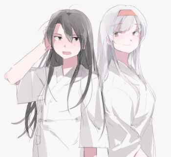 2girls alternate_hairstyle bad_id black_hair closed_mouth grey_background grey_hair hageshii_nakano hair_down hand_in_own_hair headband japanese_clothes kantai_collection kimono long_hair looking_at_viewer multiple_girls open_mouth red_headband shoukaku_(kancolle) simple_background upper_body white_kimono wide_sleeves zuikaku_(kancolle)
