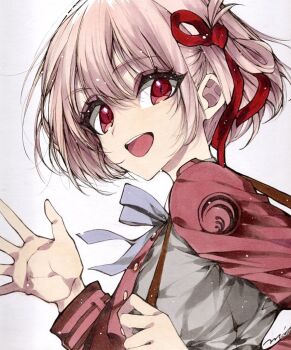 1girl blonde_hair blue_ribbon hair_ribbon hashtag-only_commentary looking_at_viewer lycoris_recoil lycoris_uniform marker_(medium) misteor nishikigi_chisato open_mouth red_eyes red_ribbon ribbon school_uniform short_hair simple_background smile solo traditional_media waving white_background