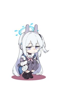 1girl 686panda absurdres black_boots black_bow blue_archive blue_serafuku blue_shirt blue_skirt boots bow braid chibi closed_mouth colored_shadow full_body gloves grey_gloves grey_hair hair_bow halo headgear headset highres knee_pads long_sleeves miyako_(blue_archive) neckerchief one_side_up pink_neckerchief pleated_skirt puffy_long_sleeves puffy_sleeves purple_eyes sailor_collar school_uniform serafuku shadow shirt simple_background skirt smile solo squatting white_background white_sailor_collar