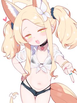 1girl absurdres alternate_costume alternate_hairstyle animal_ear_fluff animal_ears bikini black_choker blonde_hair blue_archive blush bow bracelet choker collarbone collared_shirt commentary cross_halo denim denim_shorts english_commentary extra_ears fingernails flat_chest flower fox_ears fox_girl fox_tail gradient_eyes gyaru_v hair_flower hair_ornament half-closed_eyes halo hand_on_own_hip heart_pendant highleg highleg_panties highres jewelry lk149 loli looking_at_viewer micro_shorts multicolored_eyes nail_polish navel open_clothes open_fly open_mouth open_shorts panties pink_nails ring see-through_clothes see-through_shirt seia_(blue_archive) shirt short_sleeves shorts simple_background smile solo swimsuit tail tail_bow tail_ornament teeth thigh_gap tied_shirt twintails underwear upper_teeth_only v white_background white_bow white_shirt yellow_halo