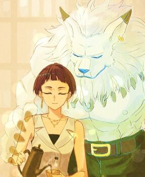 1boy 1girl abs animal_ears belt black_claws black_hair choker claws closed_eyes coffee coffee_mug cup digimon digimon_beatbreak earrings furry furry_male ghost hand_on_another's_shoulder hug indoors jewelry kutsuwada_maki lion_boy lion_ears lion_mane mug panjyamon pectorals profile scar scar_on_arm simple_background size_difference skirt smile spiritual st14_kr010 white_background