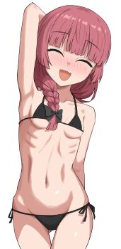 1girl arm_behind_back arm_behind_head arm_up armpits bikini blush bocchi_the_rock! braid breasts eyebrows_hidden_by_hair fang halulu highres hip_bones hiroi_kikuri long_hair looking_at_viewer navel open_mouth side-tie_bikini_bottom simple_background small_breasts smile solo swimsuit underboob white_background