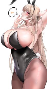 1girl absurdres adjusting_hair animal_ears bare_shoulders breasts brown_hair covered_navel fake_animal_ears fake_tail furen_e_lustario hair_between_eyes highres huge_breasts leotard long_hair looking_at_viewer nekozane_ryo nijisanji open_mouth pantyhose playboy_bunny rabbit_ears rabbit_tail red_eyes solo strapless strapless_leotard tail very_long_hair virtual_youtuber