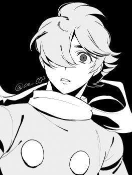 Rule 34 | 1boy, ahoge, buttons, cm ooa, coat, cyborg, cyborg 009, dynamic pose, greyscale, hair over one eye, highres, looking to the side, male focus, military uniform, monochrome, open mouth, scarf, shimamura joe, short hair, soldier, spiked hair, upper body, white coat, white scarf