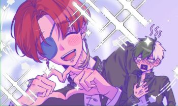 2boys black_hair blush brown_hair closed_eyes earrings eyepatch four-finger_heart_hands heart heart_hands heterochromia jacket jewelry long_sleeves male_focus morinmomo multicolored_hair multiple_boys open_mouth red_hair sakura_haruka_(wind_breaker) school_uniform shirt short_hair smile sparkle sparkling_aura split-color_hair suo_hayato tassel tassel_earrings white_hair white_shirt wind_breaker_(nii_satoru) yaoi