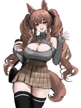 1girl :d absurdres alternate_costume angelina_(arknights) animal_ear_fluff animal_ears arknights bag bare_shoulders black_ribbon black_thighhighs blush breasts brown_hair brown_skirt casual cleavage cleavage_cutout clothing_cutout cup disposable_cup drizz fox_ears fox_girl fox_tail hair_ribbon handbag heart-shaped_bag high-waist_skirt highres holding holding_cup jewelry large_breasts long_hair long_sleeves looking_at_viewer material_growth necklace open_mouth oripathy_lesion_(arknights) plaid_clothes plaid_skirt pleated_skirt red_eyes ribbon sidelocks simple_background skirt sleeves_past_wrists smile solo tail thighhighs twintails unmoving_pattern white_background zettai_ryouiki