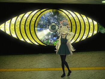 Rule 34 | 1girl, black pantyhose, blue archive, buttons, commentary request, covering own eyes, double-breasted, dress, facing viewer, grey hair, halo, hand up, highres, kanoe (blue archive), loafers, long hair, long sleeves, nkymyura, pantyhose, pinafore dress, shirt, shoes, sleeveless, sleeveless dress, solo, two-tone background, white shirt, wide shot