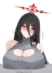 Rule 34 | 1girl, absurdres, amai-pai, artist name, black hair, blue archive, blush, breast rest, breasts, cleavage, cleavage cutout, clothing cutout, fanbox username, grey sweater, halo, hasumi (blue archive), highres, huge breasts, long hair, long hair between eyes, looking at viewer, mole, mole under eye, nose blush, patreon username, red eyes, sleeveless, sleeveless sweater, solo, straight hair, sweater, very long hair