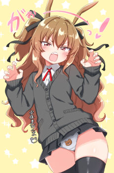 1girl animal_print bear_print black_cardigan black_ribbon black_skirt black_thighhighs blush brown_hair buttons cardigan claw_pose collared_shirt commentary_request cowboy_shot denmaru._(dedendenmaru) fang gao hair_between_eyes hair_ribbon hands_up highres long_hair long_sleeves looking_at_viewer miniskirt neck_ribbon open_mouth original panties pleated_skirt print_panties red_eyes red_ribbon ribbon school_uniform shirt skirt solo star_(symbol) star_symbol_background teeth thighhighs translation_request two_side_up underwear upper_teeth_only v-shaped_eyebrows white_shirt yellow_background