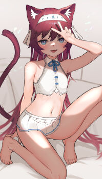 Rule 34 | 1girl, animal ears, bare shoulders, barefoot, blue eyes, cat ears, cat girl, cat tail, commentary request, feet, flat chest, full body, hair ribbon, hairband, highres, legs, looking at viewer, madana (xesa7885), navel, open mouth, original, pleated skirt, red hair, ribbon, skirt, smile, solo, tail, toes, v, white hairband, white ribbon, white skirt