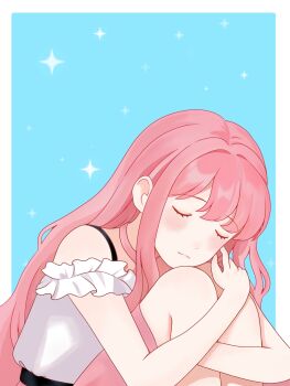 Rule 34 | 1girl, bare arms, bare legs, blue background, blunt bangs, border, bra strap, chinese commentary, choker, closed eyes, closed mouth, commentary request, cowboy shot, dot nose, expressionless, eyelashes, fetal position, frilled sleeves, frills, hair intakes, hair undone, highres, hugging own legs, infinity nikki, light blush, long hair, long sidelocks, medium skirt, mofei (xinjinjumin201230878497), nikki (nikki), nikki (series), off-shoulder shirt, off shoulder, outside border, perfect start (infinity nikki), pink choker, pink hair, pink skirt, pleated skirt, shirt, short sleeves, sidelocks, simple background, skirt, solo, sparkle, very long hair, wavy hair, white border, white shirt