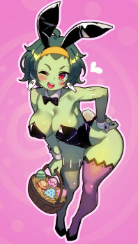 Rule 34 | 1girl, animal ears, basket, black leotard, blush, bow, bowtie, breasts, cleavage, colored skin, earrings, easter, egg, fake animal ears, fake tail, green hair, green skin, groin, hairband, hand on own hip, heart, high heels, highleg, highleg leotard, highres, holding, holding basket, jewelry, large breasts, leotard, life is pi, one eye closed, paid reward available, pink background, playboy bunny, rabbit ears, rabbit tail, red eyes, rottytops, shantae (series), short hair, skull earrings, solo, stitched arm, stitched leg, stitches, strapless, strapless leotard, tail, teeth, thick thighs, thighhighs, thighs, upper teeth only, wide hips, wrist cuffs, yellow hairband, zombie