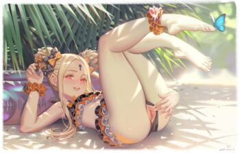 1girl :d abigail_williams_(fate) alphonse_(white_datura) ass barefoot bikini blonde_hair blush bow bug butterfly decensored double_bun emerald_float fate/grand_order fate_(series) female_focus forehead full_body hair_bow hair_bun heart heart-shaped_pupils highres insect loli long_hair looking_at_viewer lying on_back open_mouth outdoors polka_dot polka_dot_bow pussy red_eyes smile solo spread_pussy swimsuit symbol-shaped_pupils teeth third-party_edit toes