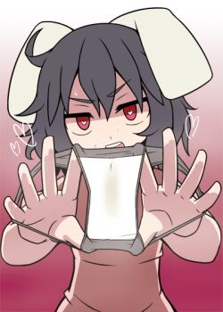 Rule 34 | 1girl, :d, black hair, gradient background, hakika, heart, heart-shaped pupils, holding panties, inaba tewi, looking at viewer, open mouth, panties, pink background, presenting removed panties, red eyes, short hair, simple background, smile, solo, stained panties, symbol-shaped pupils, touhou, underwear, upper body, wet, wet clothes, wet panties