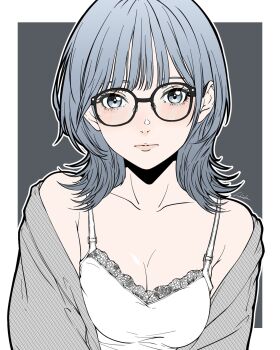 1girl bambi_surprise bare_shoulders breasts camisole cardigan cleavage commentary english_commentary glasses grey_cardigan grey_eyes grey_hair highres looking_at_viewer medium_breasts medium_hair original signature solo upper_body white_camisole