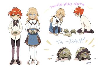 1boy 1girl aged_down animal artist_name black_neckerchief black_shorts black_socks blonde_hair blue_eyes blue_skirt closed_mouth commentary darkgreyclouds diluc_(genshin_impact) english_commentary english_text frills genshin_impact holding holding_animal jean_(genshin_impact) long_sleeves looking_at_viewer looking_down medium_hair multiple_views neckerchief red_hair shirt short_hair shorts simple_background sitting skirt smile socks tortoise turtle white_background white_footwear white_shirt white_socks yellow_eyes