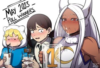 1boy 2girls adventure_time animal_ears animal_hood bare_shoulders bear_ears bisexual_male black_hair black_jacket black_necktie blackwhiplash blonde_hair blue_shirt blush boku_no_hero_academia chainsaw_man collared_shirt cum cum_in_container cum_in_cup cup dark-skinned_female dark_skin drinking_straw drinking_straw_in_mouth english_text finn_the_human fur_collar gokkun hair_ornament hairclip higashiyama_kobeni highres holding holding_cup hood jacket leotard long_eyelashes long_hair looking_at_cup looking_at_viewer mirko mole mole_under_eye mole_under_mouth multiple_girls multiple_moles necktie open_mouth ponytail rabbit_ears rabbit_girl red_eyes shirt short_ponytail signature single_sidelock sleeveless_turtleneck_leotard stray_pubic_hair suit_jacket sweat white_background white_hair white_leotard white_shirt