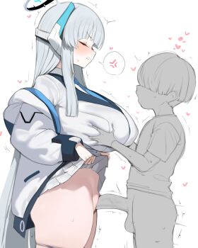 1boy 1girl absurdres age_difference anger_vein blue_archive breasts closed_eyes clothes_lift from_side grabbing_another&#039;s_breast grey_hair groping halo hetero highres jacket long_hair mechanical_halo noa_(blue_archive) onee-shota penis shirt shota skirt skirt_lift toma_(toma50) uncensored white_background