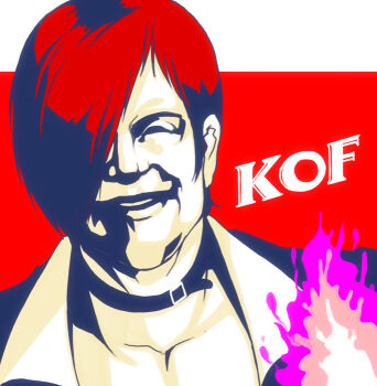 1boy bad_id bad_pixiv_id collar colonel_sanders fire hair_over_one_eye kfc kouno_(masao) male_focus parody posterized purple_fire pyrokinesis red_hair snk solo the_king_of_fighters yagami_iori