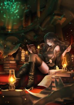 1girl anklet bat_(animal) black_boots black_dress black_hair black_lips black_sleeves book book_stack bookshelf boots breasts cleavage column commentary commission detached_sleeves dress full_body gold_anklet hair_over_one_eye high_heel_boots high_heels highres holding holding_book holding_quill indoors jewelry knee_boots lantern large_breasts lipstick long_hair makeup nekoita open_book original pale_skin paper parted_lips pillar pixiv_commission quill reading red_eyes see-through_cleavage see-through_clothes see-through_thighhighs sitting sleeveless sleeveless_dress solo thighhighs thighs wide_sleeves willow_(cascadepersona)