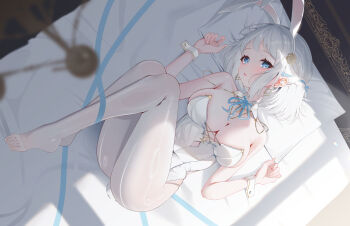 1girl absurdres animal_ear_hairband animal_ears arms_up bed bed_sheet blue_eyes blue_ribbon breasts chandelier cleavage clothing_cutout commentary criss-cross_strings cutout_above_navel detached_collar diamond_(shape) diamond_cutout diamond_earrings earrings fake_animal_ears feet from_above gakuen_idolmaster gold_earrings gold_necklace gold_trim hairband highres idolmaster jewelry katsuragi_lilja large_breasts legs leotard looking_at_viewer lying neck_ribbon necklace on_back on_bed pantyhose parted_lips pillow playboy_bunny rabbit_ear_hairband rabbit_ears ribbon short_hair sikimosh solo strapless strapless_leotard thighs toe_seam toes white_hair white_leotard white_pantyhose white_wrist_cuffs wrist_cuffs