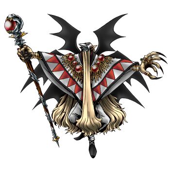 Rule 34 | barbamon, barbamon (mutant), beard, claws, demon, digimon, digimon (creature), digimon linkz, facial hair, official art, staff, third-party edit, white background, wings