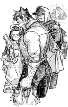 1girl 2boys ? animification backpack bag belt bottle cellphone closed_mouth collared_shirt commentary cowboy_shot deadpool deadpool_&amp;_wolverine deadpool_(series) dishing eyewear_on_head facial_hair greyscale half-closed_eyes hat highres holding holding_bag holding_phone jacket laura_kinney long_hair looking_at_another looking_at_phone looking_down marvel marvel monochrome multiple_boys muscular muscular_male notice_lines open_clothes open_jacket pants phone pocket pom_pom_(clothes) shirt short_hair simple_background sleeves_rolled_up smartphone standing sunglasses symbol-only_commentary torn_clothes torn_pants visor_cap wolverine_(x-men) x-men