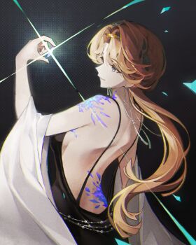 Rule 34 | 1girl, absurdres, arm up, back, backless dress, backless outfit, beryl bouanich, black background, black dress, blonde hair, blue eyes, breasts, commentary, crystallization, dress, evening gown, from side, gem, glint, hand up, highres, holding, holding gem, long hair, low ponytail, ponytail, profile, quanx70909457, reverse:1999, shawl, sideboob, sleeveless, sleeveless dress, solo, spaghetti strap, symbol-only commentary, upper body, white shawl