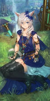 1girl animal_ears armlet black_boots black_gloves blue_dress blue_eyes boots cat_ears cat_girl cat_tail commentary_request commission dress final_fantasy final_fantasy_xiv fingerless_gloves flower gloves grey_hair hair_between_eyes hair_flower hair_ornament high_heel_boots high_heels highres jewelry kamo_ashi looking_at_viewer medium_hair miqo&#039;te necklace outdoors parted_lips ring sitting skeb_commission solo tail thigh_boots