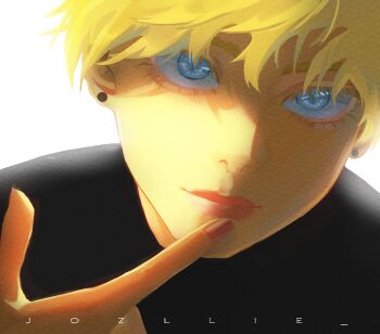 1boy absurdres aegyo_sal blonde_hair blue_eyes close-up finger_to_mouth highres jang_hayoung jozllie looking_at_viewer male_focus omniscient_reader&#039;s_viewpoint portrait short_hair sidelighting solo