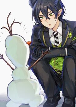 2boys :o arm_ribbon arms_up belt_buckle black_gloves black_hair black_horns black_jacket black_pants black_shoes blazer buckle carrot collared_shirt commentary crossed_bangs crossover diagonal-striped_clothes diagonal-striped_necktie disney elbows_on_knees eyelashes from_behind frozen_(disney) full_body gloves gold_trim green_eyes green_ribbon green_vest hair_between_eyes height_difference horns jacket keebu07 light_blush long_sleeves looking_at_another magic_pen_(twisted_wonderland) male_focus malleus_draconia medium_hair multiple_boys necktie night_raven_college_school_uniform notice_lines olaf_(frozen) open_clothes open_jacket outstretched_arms pants parted_lips pointy_ears ribbon school_uniform shadow shirt shoes slit_pupils snowman squatting striped_clothes striped_ribbon twig twisted_wonderland vest waistcoat white_background white_shirt